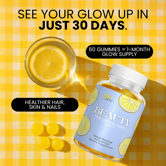 Supplement bottle with lemon slices on a yellow checkered background, promoting 'See Your Glow Up in Just 30 Days' with health benefits.